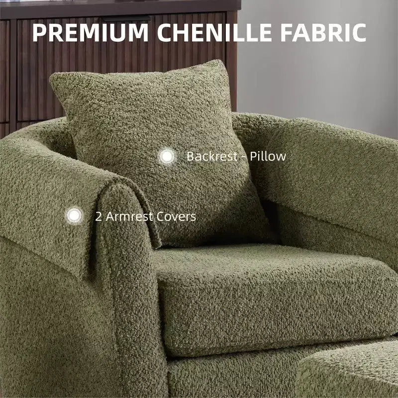 Swivel Accent Chair with Ottoman Set, Modern Chenille Barrel Armchair with Removable Back Pillow and 2 Armrest Covers, Black