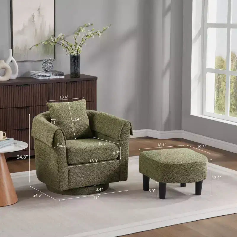 Swivel Accent Chair with Ottoman Set, Modern Chenille Barrel Armchair with Removable Back Pillow and 2 Armrest Covers, Black