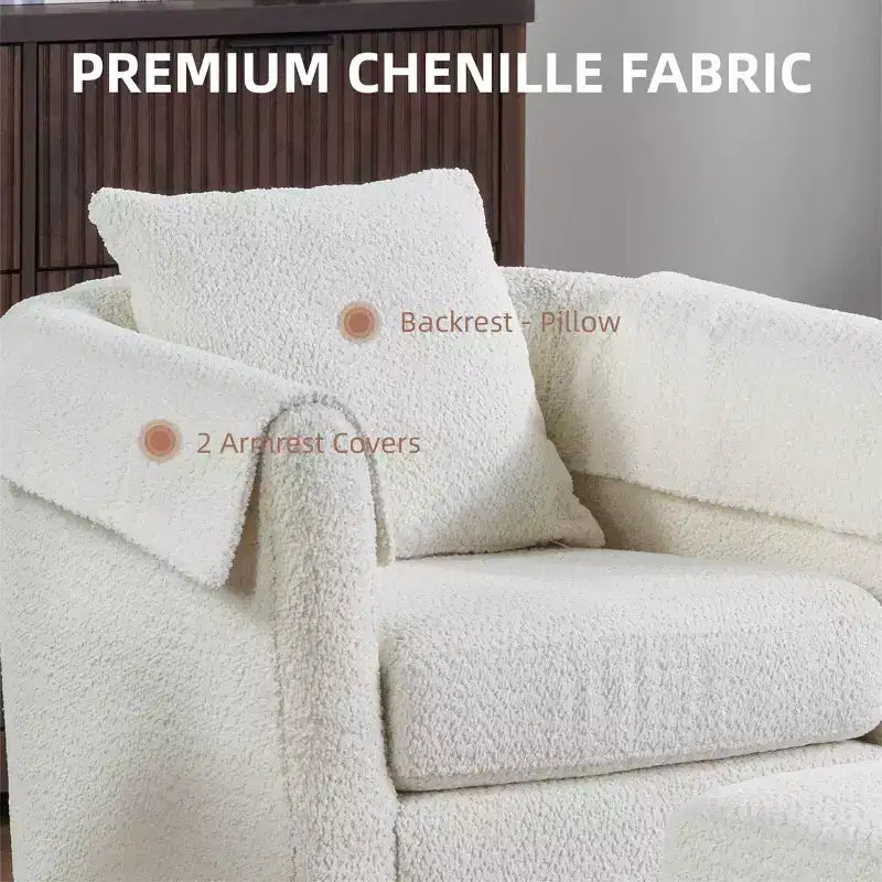 Swivel Accent Chair with Ottoman Set, Modern Chenille Barrel Armchair with Removable Back Pillow and 2 Armrest Covers, Black