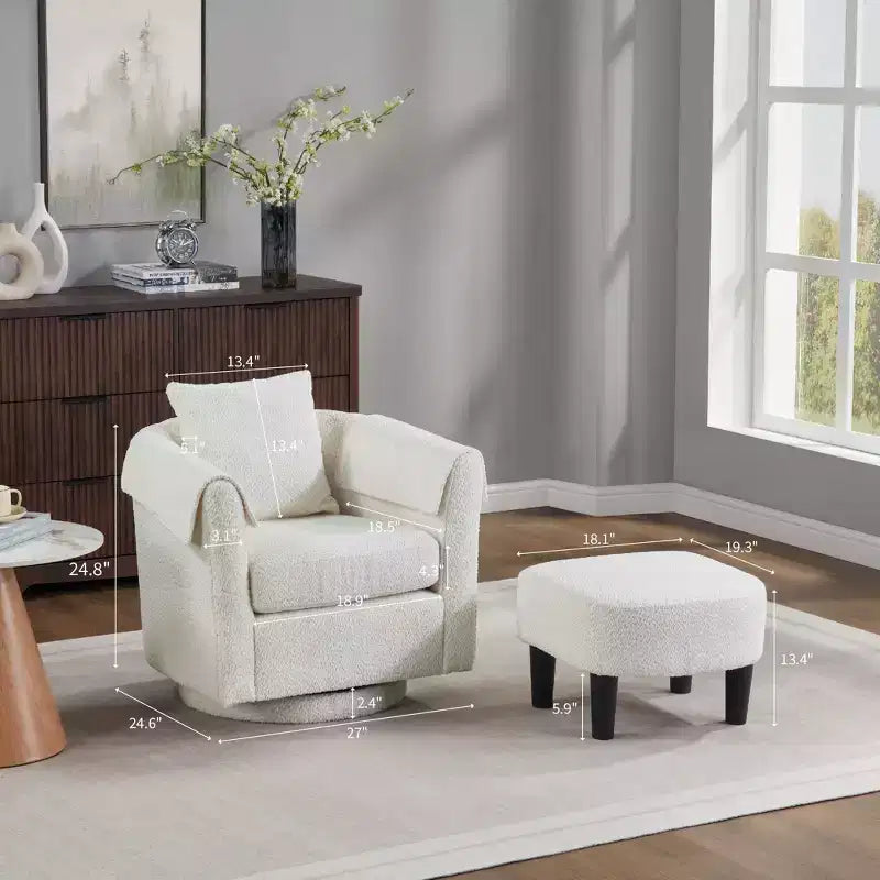 Swivel Accent Chair with Ottoman Set, Modern Chenille Barrel Armchair with Removable Back Pillow and 2 Armrest Covers, Black