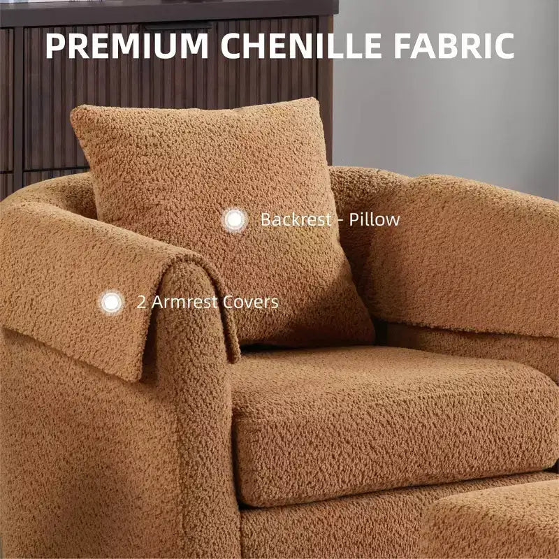 Swivel Accent Chair with Ottoman Set, Modern Chenille Barrel Armchair with Removable Back Pillow and 2 Armrest Covers, Black