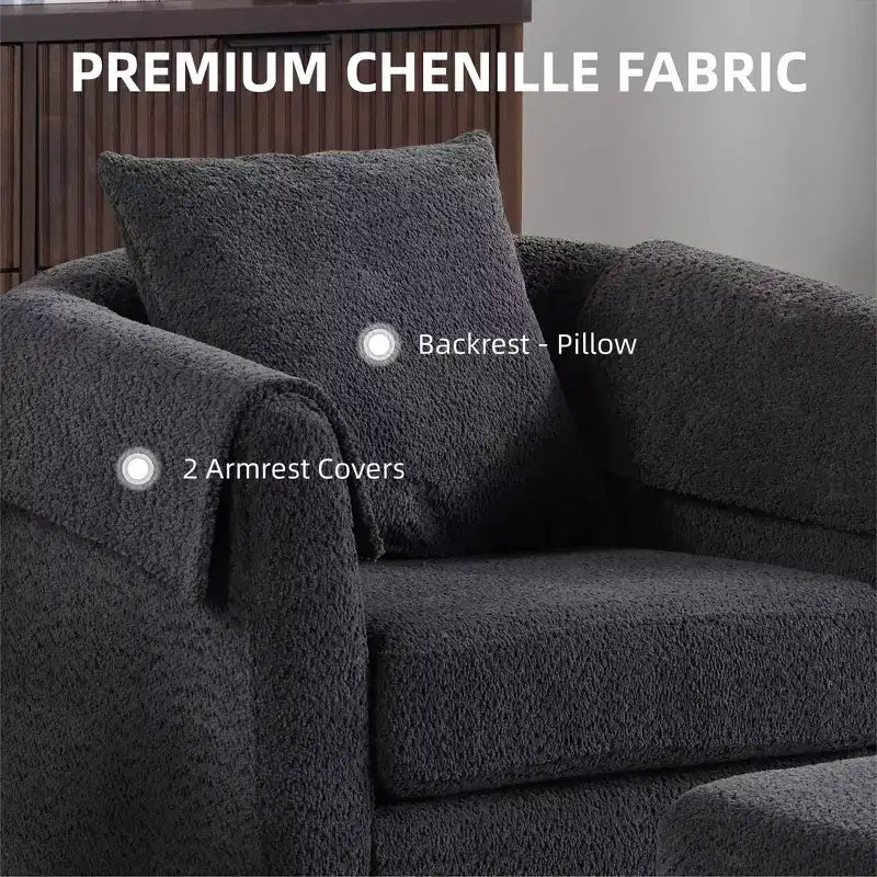 Swivel Accent Chair with Ottoman Set, Modern Chenille Barrel Armchair with Removable Back Pillow and 2 Armrest Covers, Black