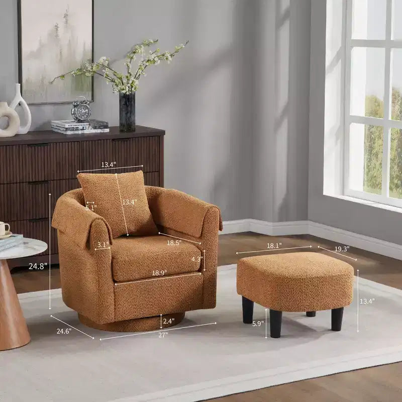 Swivel Accent Chair with Ottoman Set, Modern Chenille Barrel Armchair with Removable Back Pillow and 2 Armrest Covers, Black