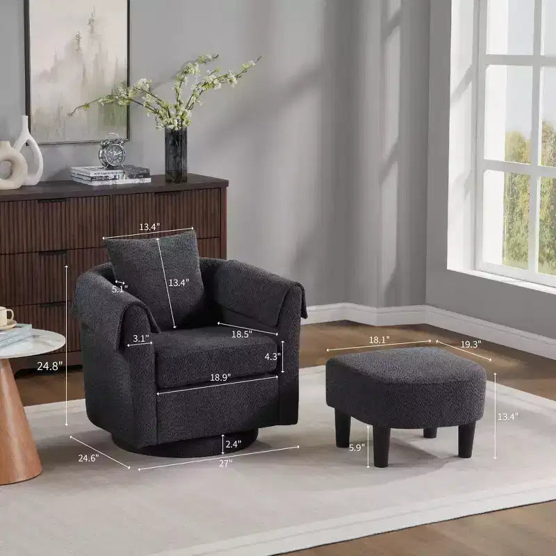 Swivel Accent Chair with Ottoman Set, Modern Chenille Barrel Armchair with Removable Back Pillow and 2 Armrest Covers, Black