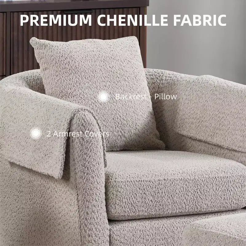 Swivel Accent Chair with Ottoman Set, Modern Chenille Barrel Armchair with Removable Back Pillow and 2 Armrest Covers, Black