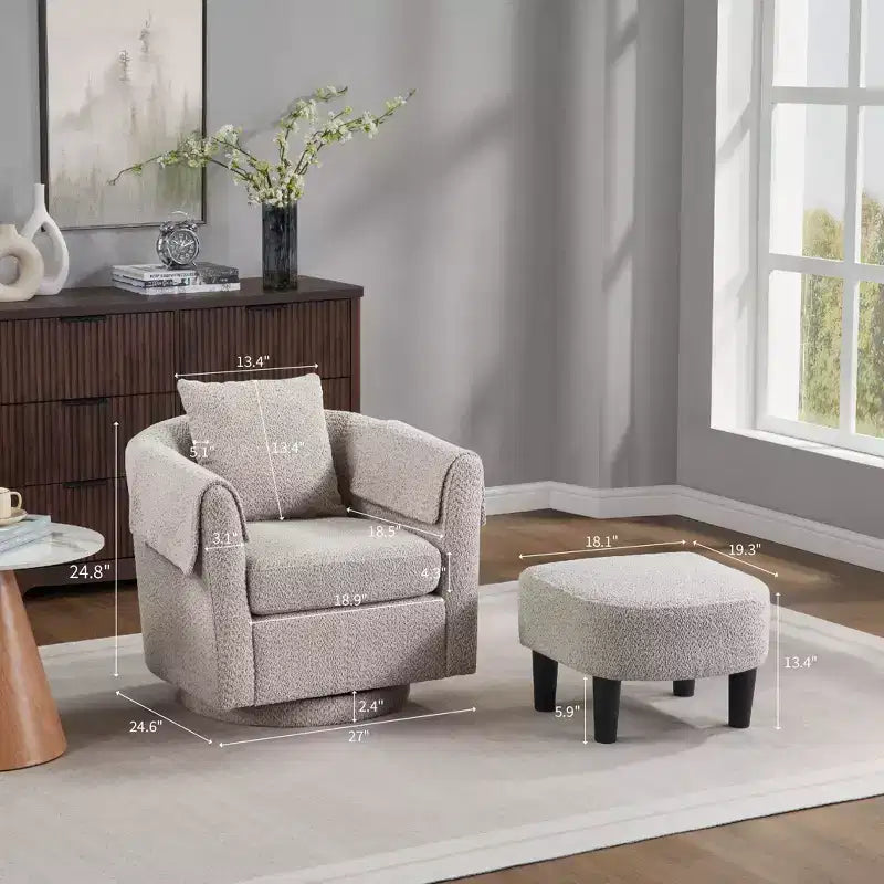 Swivel Accent Chair with Ottoman Set, Modern Chenille Barrel Armchair with Removable Back Pillow and 2 Armrest Covers, Black