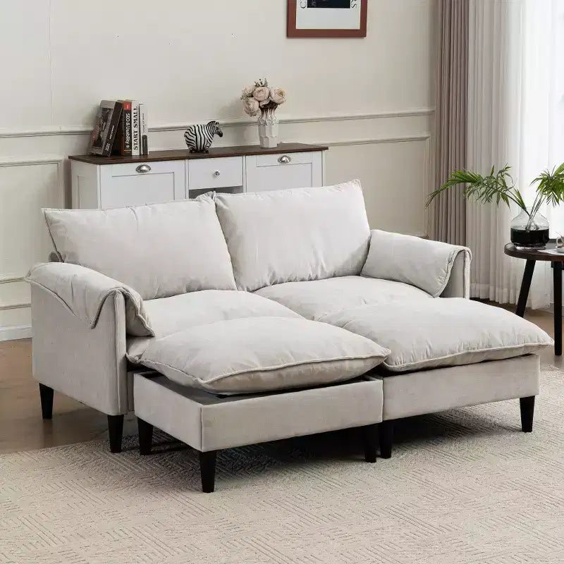 Zeus & Ruta Modern Upholstered 2-Seater Sofa with Storage Ottomans, for Living Room, Bedroom, Office or Small Spaces