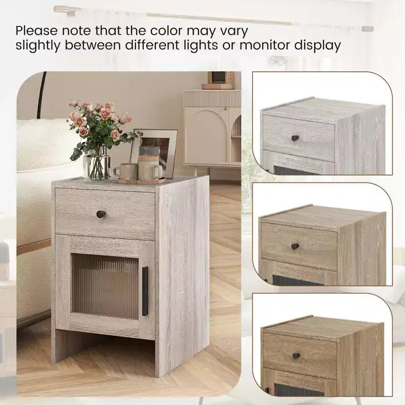 Costway 1/2 PCS Farmhouse Nightstand Fluted Bed Side Table with Large Drawer & Enclosed Cabinet