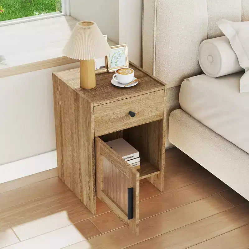Costway 1/2 PCS Farmhouse Nightstand Fluted Bed Side Table with Large Drawer & Enclosed Cabinet