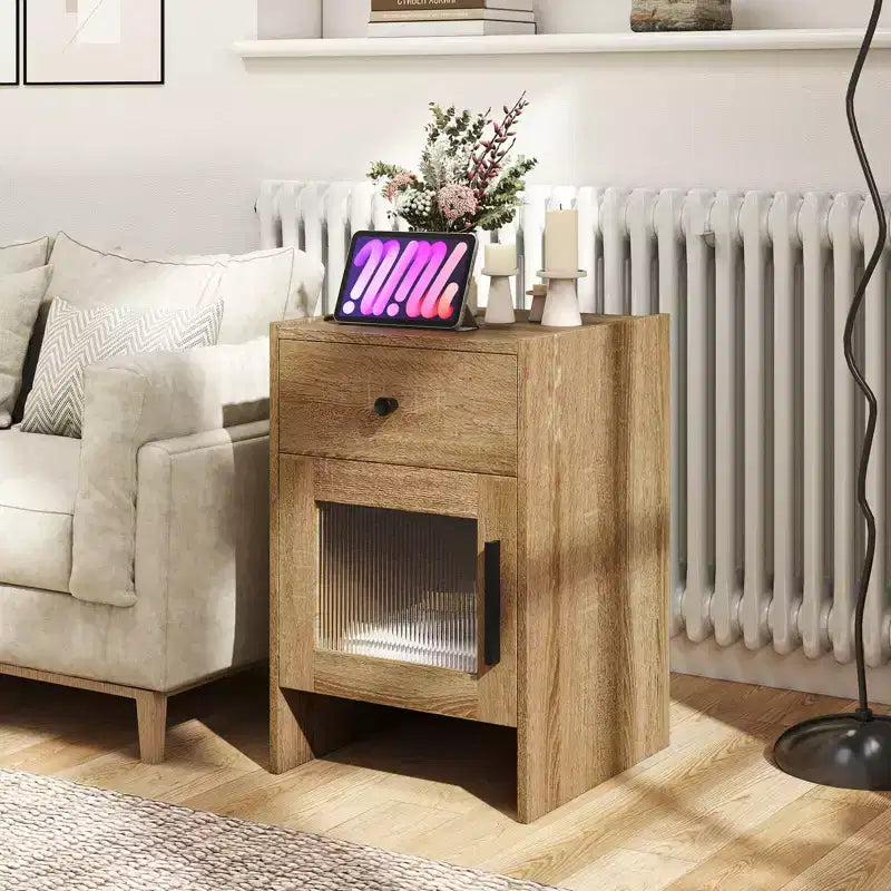 Costway 1/2 PCS Farmhouse Nightstand Fluted Bed Side Table with Large Drawer & Enclosed Cabinet