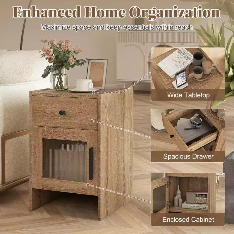 Costway 1/2 PCS Farmhouse Nightstand Fluted Bed Side Table with Large Drawer & Enclosed Cabinet