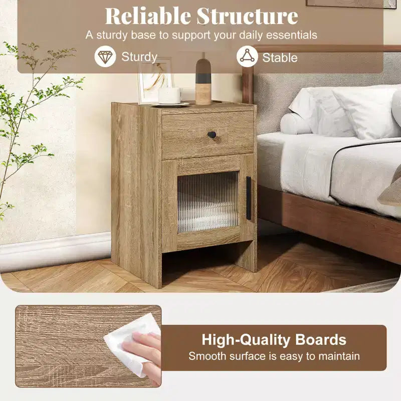 Costway 1/2 PCS Farmhouse Nightstand Fluted Bed Side Table with Large Drawer & Enclosed Cabinet