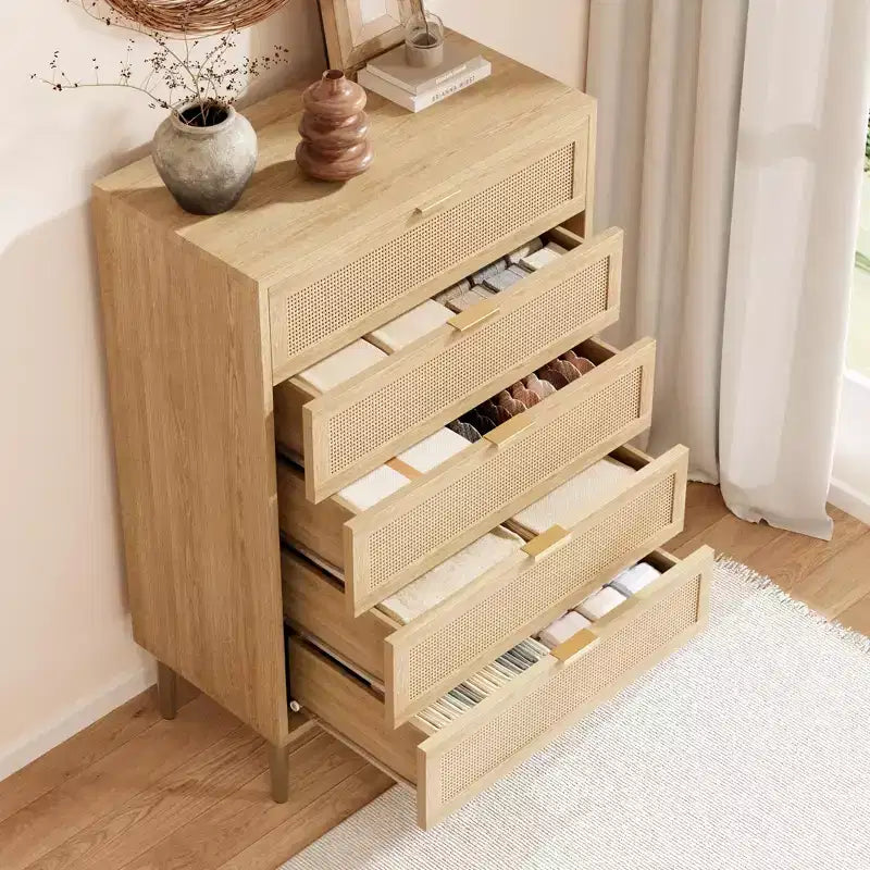 Rattan 5 Drawer Dresser, 44'' Tall Narrow Chest, Farmhouse Wood Dresser with Metal Legs, Bedroom Cabinet, Oak