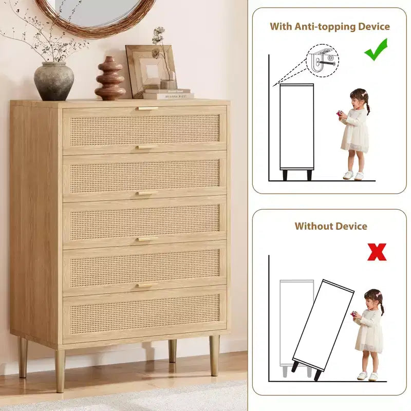 Rattan 5 Drawer Dresser, 44'' Tall Narrow Chest, Farmhouse Wood Dresser with Metal Legs, Bedroom Cabinet, Oak