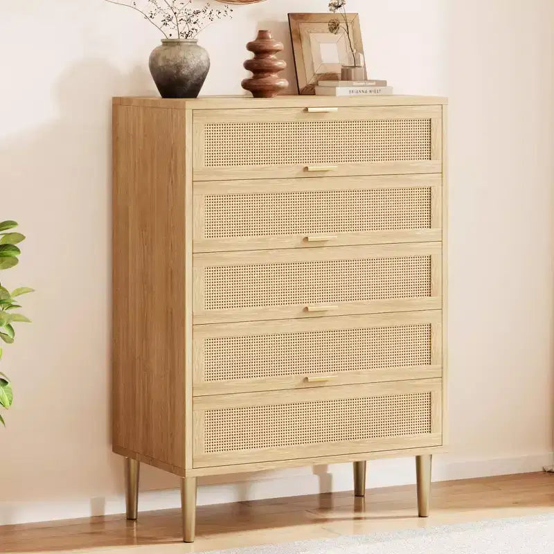 Rattan 5 Drawer Dresser, 44'' Tall Narrow Chest, Farmhouse Wood Dresser with Metal Legs, Bedroom Cabinet, Oak