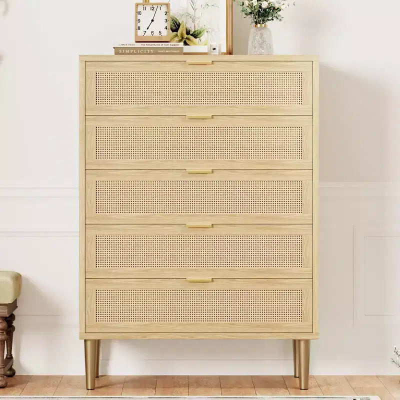 Rattan 5 Drawer Dresser, 44'' Tall Narrow Chest, Farmhouse Wood Dresser with Metal Legs, Bedroom Cabinet, Oak