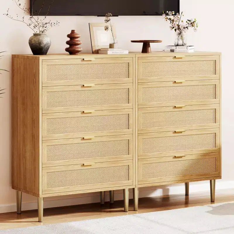 Rattan 5 Drawer Dresser, 44'' Tall Narrow Chest, Farmhouse Wood Dresser with Metal Legs, Bedroom Cabinet, Oak
