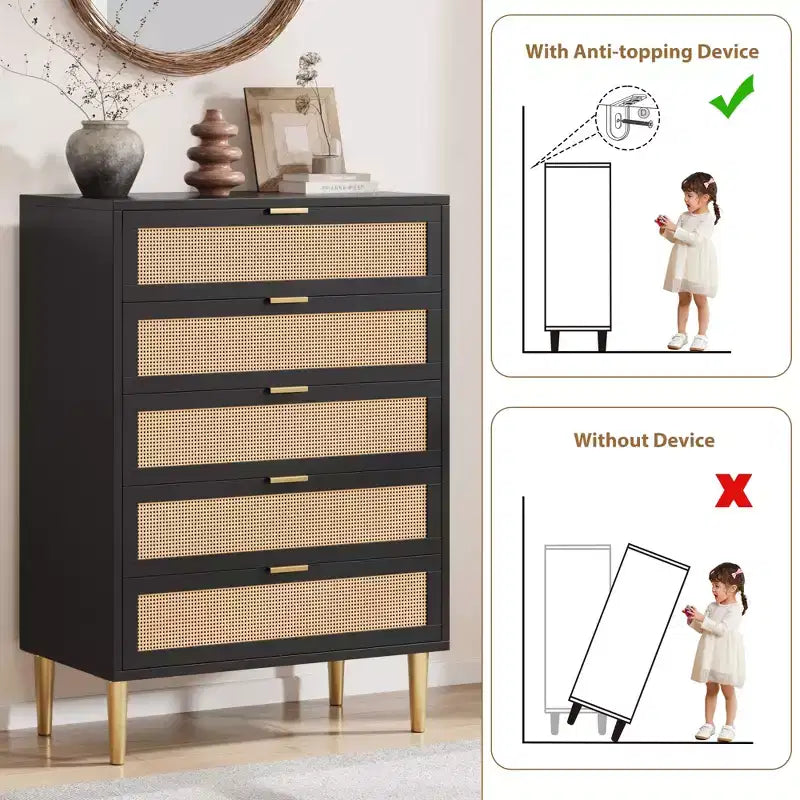 Rattan 5 Drawer Dresser, 44'' Tall Narrow Chest, Farmhouse Wood Dresser with Metal Legs, Bedroom Cabinet, Oak