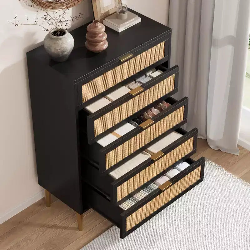 Rattan 5 Drawer Dresser, 44'' Tall Narrow Chest, Farmhouse Wood Dresser with Metal Legs, Bedroom Cabinet, Oak