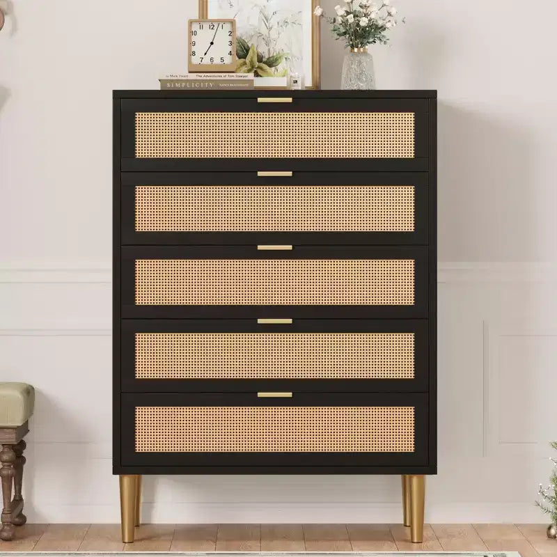 Rattan 5 Drawer Dresser, 44'' Tall Narrow Chest, Farmhouse Wood Dresser with Metal Legs, Bedroom Cabinet, Oak