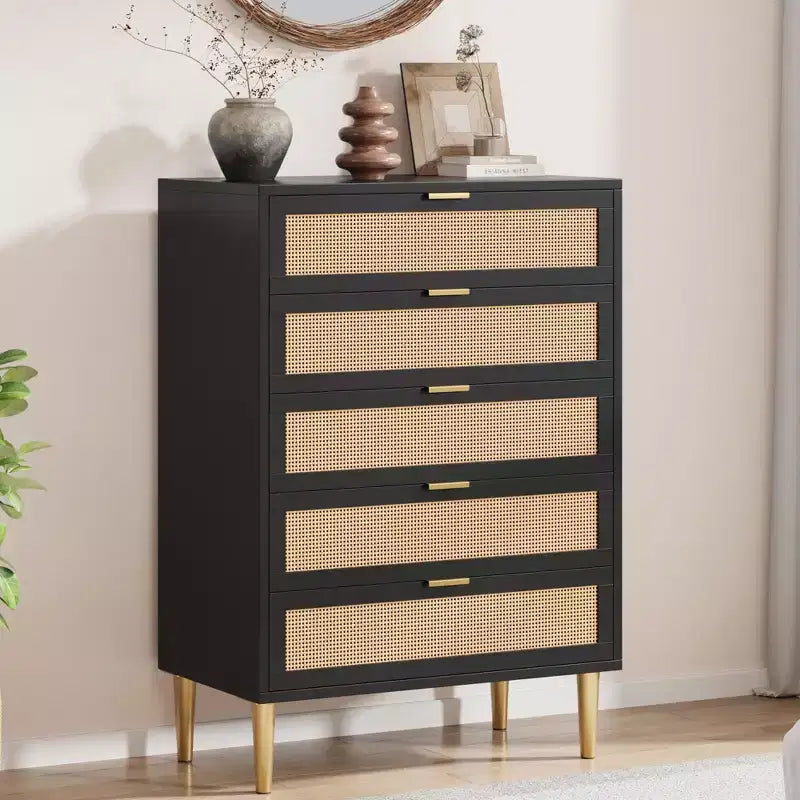 Rattan 5 Drawer Dresser, 44'' Tall Narrow Chest, Farmhouse Wood Dresser with Metal Legs, Bedroom Cabinet, Oak