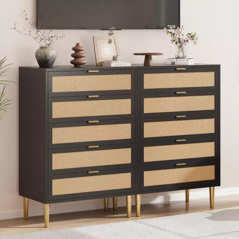 Rattan 5 Drawer Dresser, 44'' Tall Narrow Chest, Farmhouse Wood Dresser with Metal Legs, Bedroom Cabinet, Oak