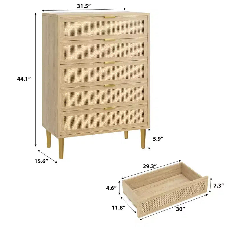 Rattan 5 Drawer Dresser, 44'' Tall Narrow Chest, Farmhouse Wood Dresser with Metal Legs, Bedroom Cabinet, Oak