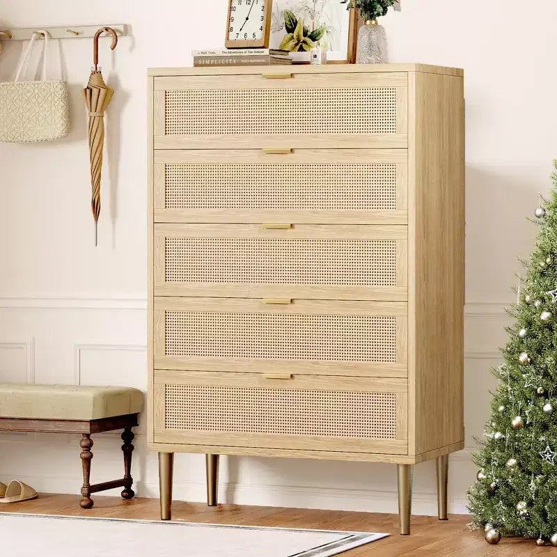Rattan 5 Drawer Dresser, 44'' Tall Narrow Chest, Farmhouse Wood Dresser with Metal Legs, Bedroom Cabinet, Oak