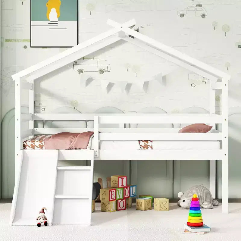 MATEERTY Twin Loft House Bed with Slide, Safety Guardrails, House Roof Frame, White