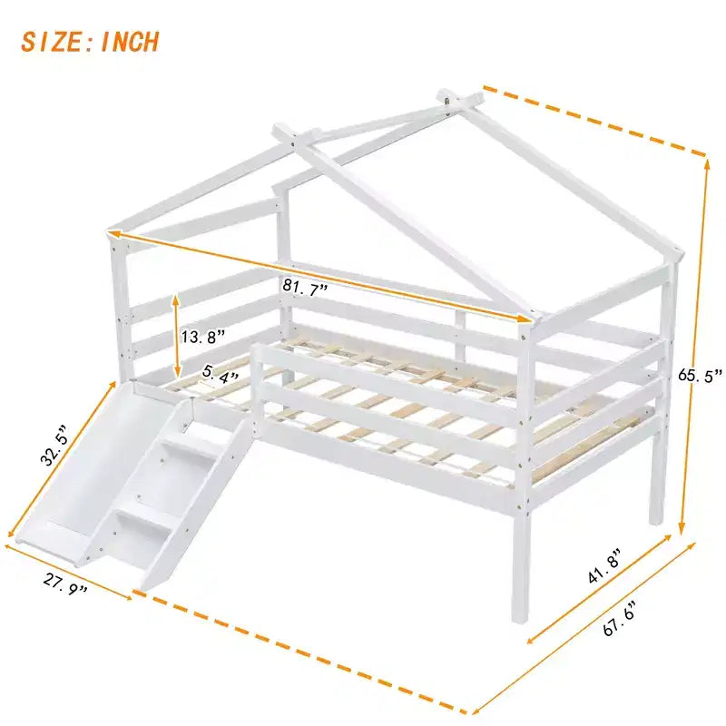 Twin Loft House Bed with Slide, Safety Guardrails, House Roof Frame, White