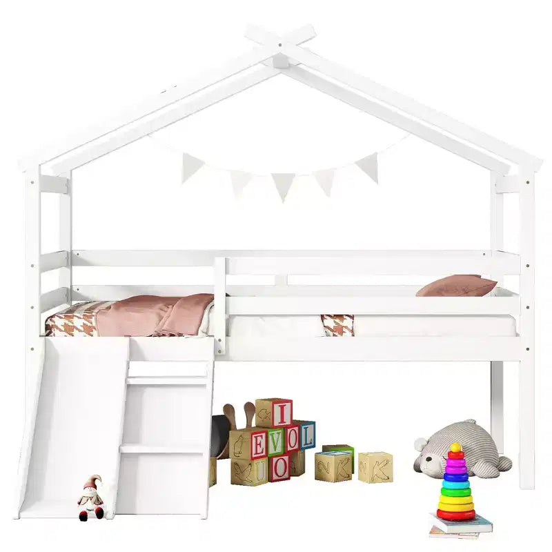 Twin Loft House Bed with Slide, Safety Guardrails, House Roof Frame, White