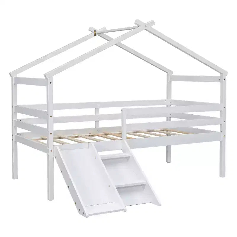 Twin Loft House Bed with Slide, Safety Guardrails, House Roof Frame, White