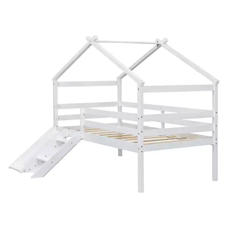 Twin Loft House Bed with Slide, Safety Guardrails, House Roof Frame, White