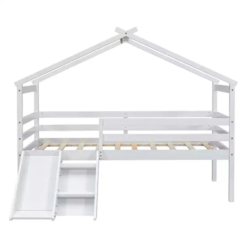 Twin Loft House Bed with Slide, Safety Guardrails, House Roof Frame, White