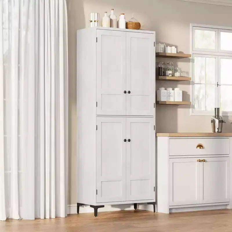 71 Inch Tall Storage Cabinet with Glass Doors, Kitchen Pantry 5 Tier Bathroom Cabinet Adjustable Shelves for Kitchen, Dining Room, Bathroom