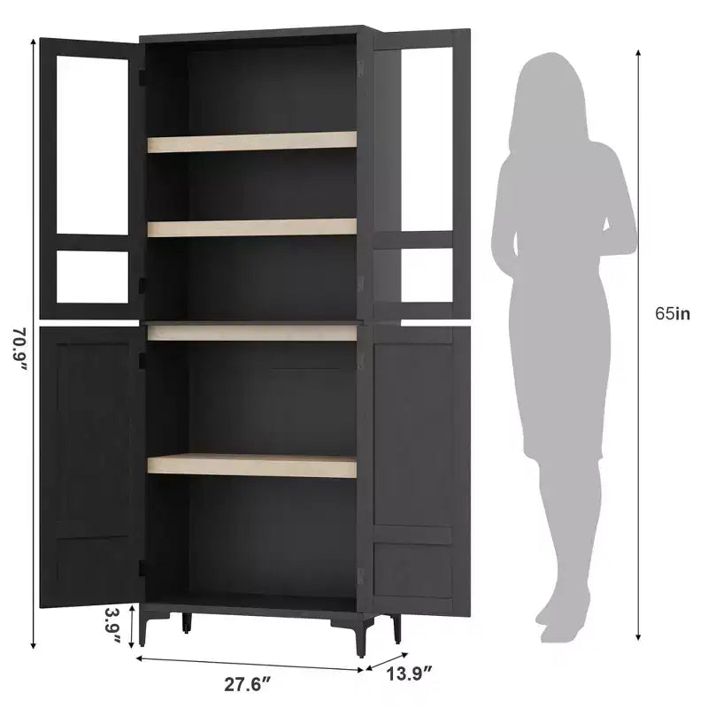 71 Inch Tall Storage Cabinet with Glass Doors, Kitchen Pantry 5 Tier Bathroom Cabinet Adjustable Shelves for Kitchen, Dining Room, Bathroom
