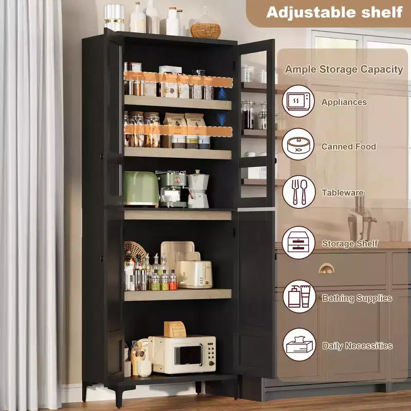 71 Inch Tall Storage Cabinet with Glass Doors, Kitchen Pantry 5 Tier Bathroom Cabinet Adjustable Shelves for Kitchen, Dining Room, Bathroom
