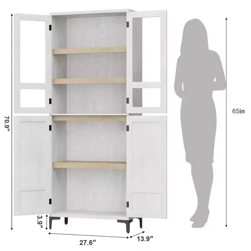 71 Inch Tall Storage Cabinet with Glass Doors, Kitchen Pantry 5 Tier Bathroom Cabinet Adjustable Shelves for Kitchen, Dining Room, Bathroom