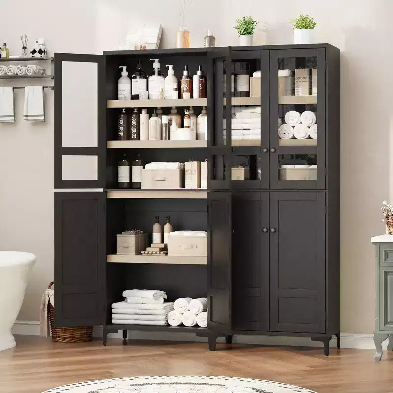 71 Inch Tall Storage Cabinet with Glass Doors, Kitchen Pantry 5 Tier Bathroom Cabinet Adjustable Shelves for Kitchen, Dining Room, Bathroom