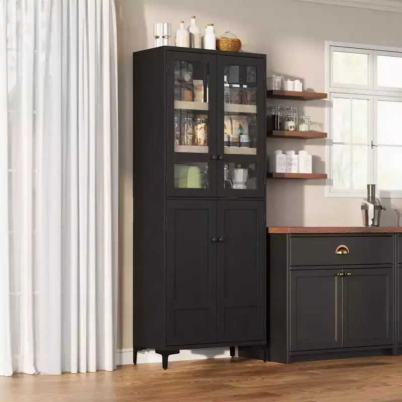 71 Inch Tall Storage Cabinet with Glass Doors, Kitchen Pantry 5 Tier Bathroom Cabinet Adjustable Shelves for Kitchen, Dining Room, Bathroom