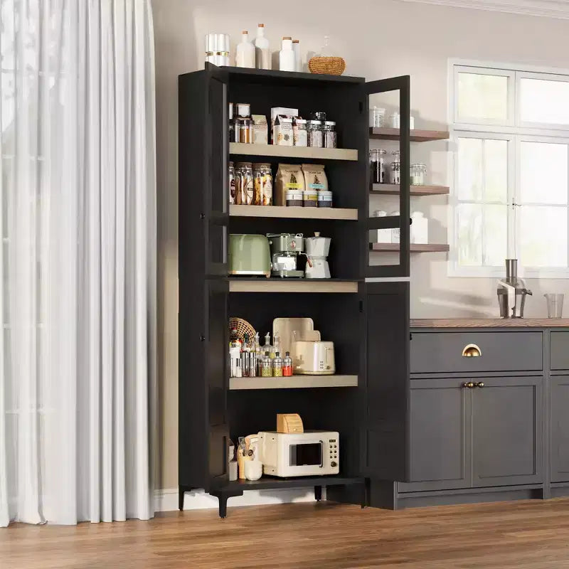 71 Inch Tall Storage Cabinet with Glass Doors, Kitchen Pantry 5 Tier Bathroom Cabinet Adjustable Shelves for Kitchen, Dining Room, Bathroom
