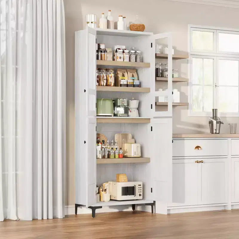 71 Inch Tall Storage Cabinet with Glass Doors, Kitchen Pantry 5 Tier Bathroom Cabinet Adjustable Shelves for Kitchen, Dining Room, Bathroom