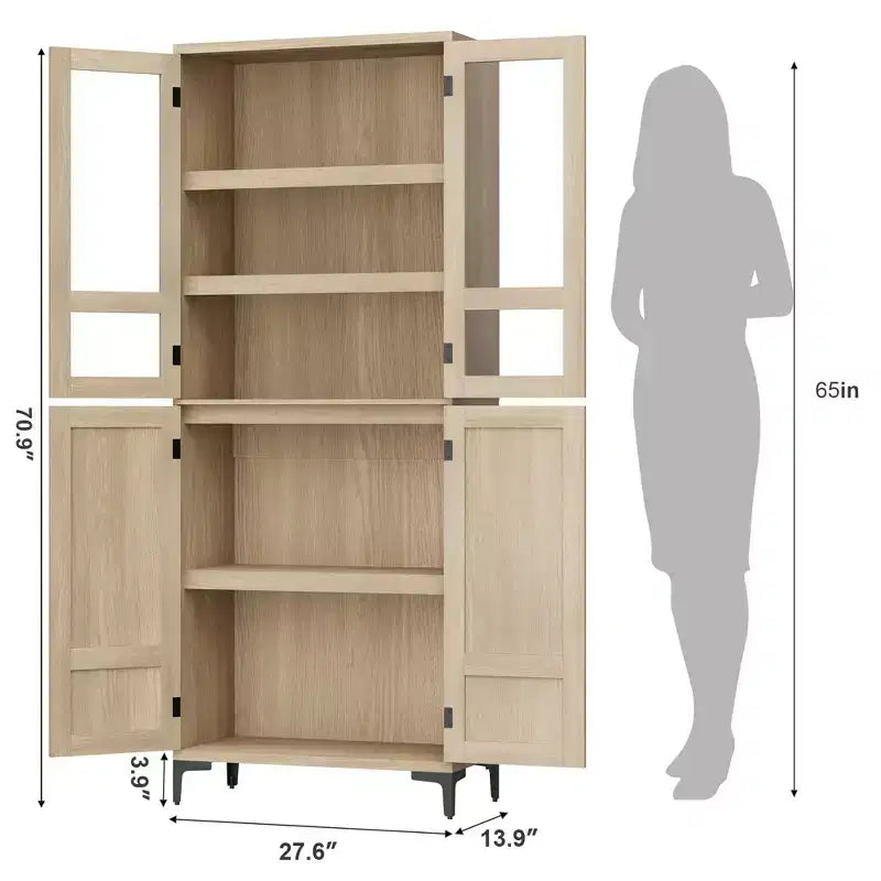 71 Inch Tall Storage Cabinet with Glass Doors, Kitchen Pantry 5 Tier Bathroom Cabinet Adjustable Shelves for Kitchen, Dining Room, Bathroom