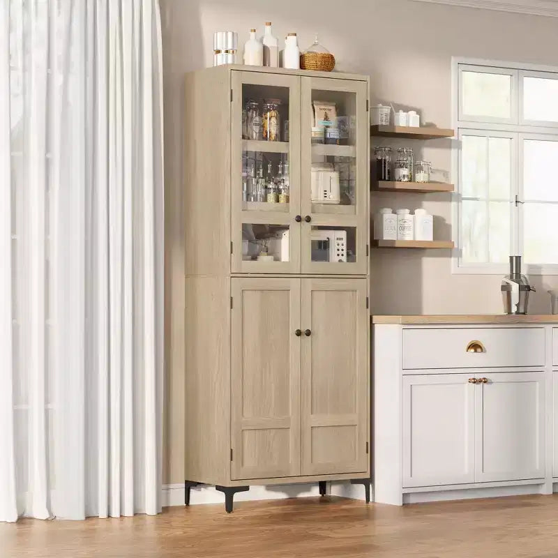 71 Inch Tall Storage Cabinet with Glass Doors, Kitchen Pantry 5 Tier Bathroom Cabinet Adjustable Shelves for Kitchen, Dining Room, Bathroom