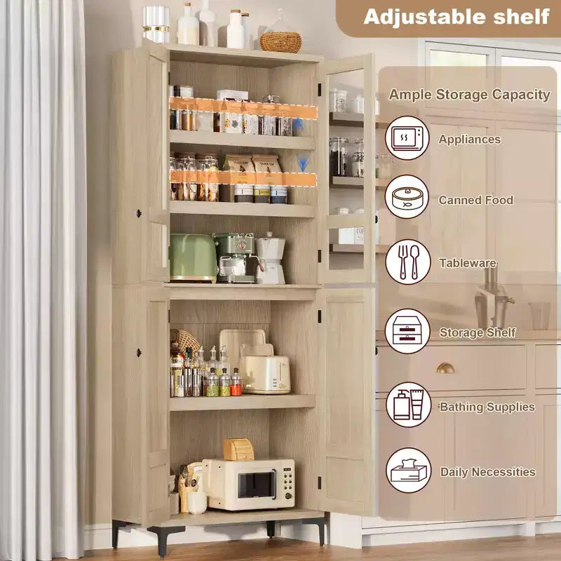 71 Inch Tall Storage Cabinet with Glass Doors, Kitchen Pantry 5 Tier Bathroom Cabinet Adjustable Shelves for Kitchen, Dining Room, Bathroom