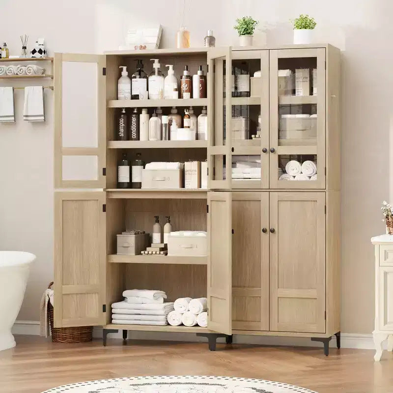 71 Inch Tall Storage Cabinet with Glass Doors, Kitchen Pantry 5 Tier Bathroom Cabinet Adjustable Shelves for Kitchen, Dining Room, Bathroom