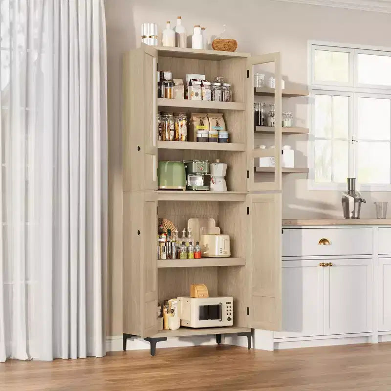 71 Inch Tall Storage Cabinet with Glass Doors, Kitchen Pantry 5 Tier Bathroom Cabinet Adjustable Shelves for Kitchen, Dining Room, Bathroom