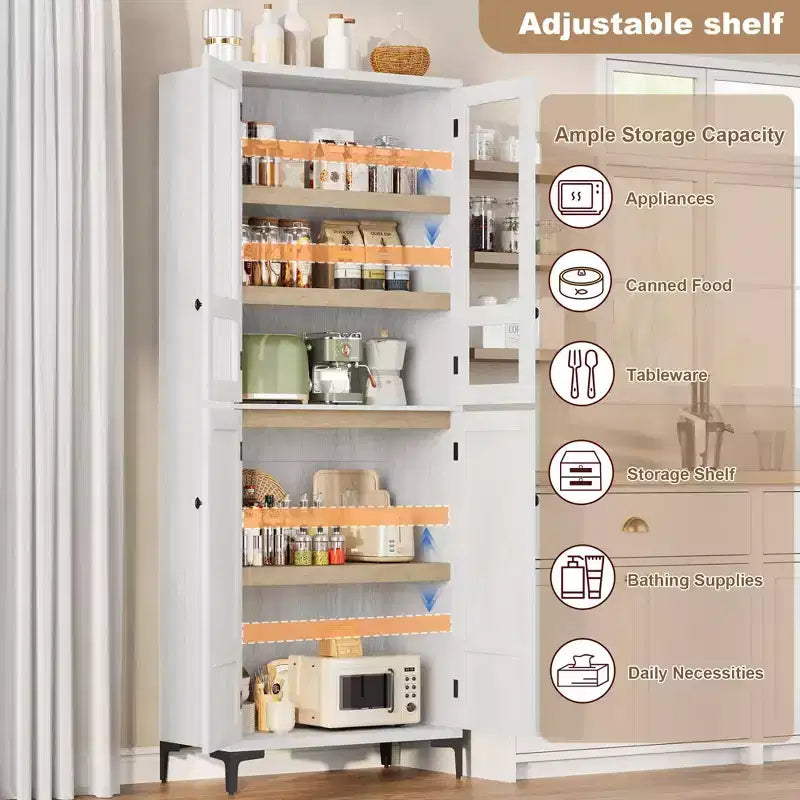 71 Inch Tall Storage Cabinet with Glass Doors, Kitchen Pantry 5 Tier Bathroom Cabinet Adjustable Shelves for Kitchen, Dining Room, Bathroom