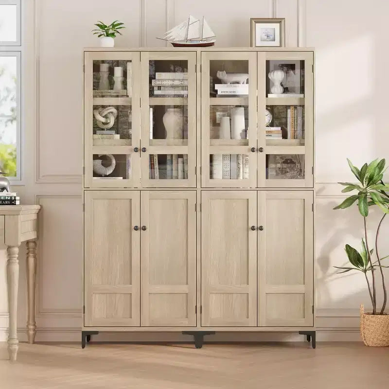 71 Inch Tall Storage Cabinet with Glass Doors, Kitchen Pantry 5 Tier Bathroom Cabinet Adjustable Shelves for Kitchen, Dining Room, Bathroom