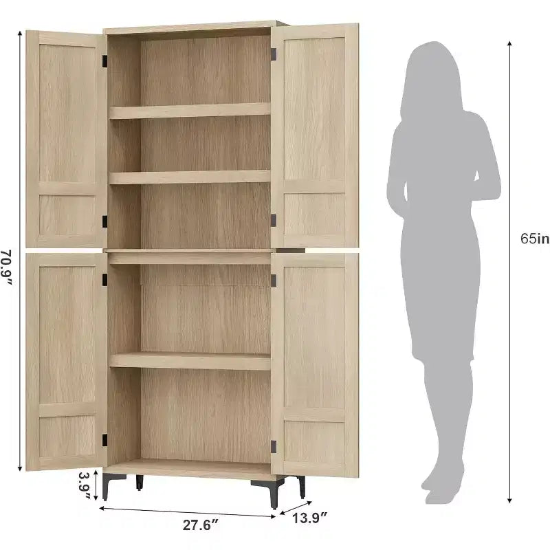 71 Inch Tall Storage Cabinet with Glass Doors, Kitchen Pantry 5 Tier Bathroom Cabinet Adjustable Shelves for Kitchen, Dining Room, Bathroom